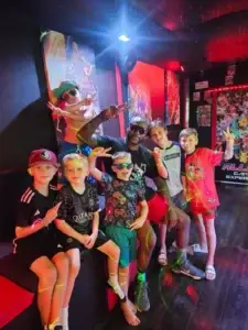 Birthday party setup with All Out Gaming Experience's mobile game truck and decorations in Atlanta.