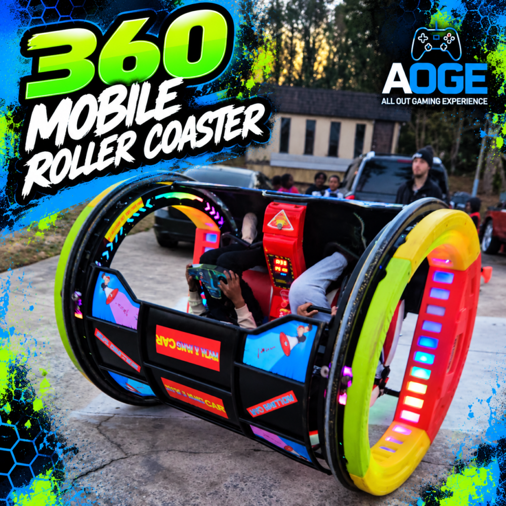 All Out Gaming Experience 360 degree mobile roller coaster birthday party attraction.